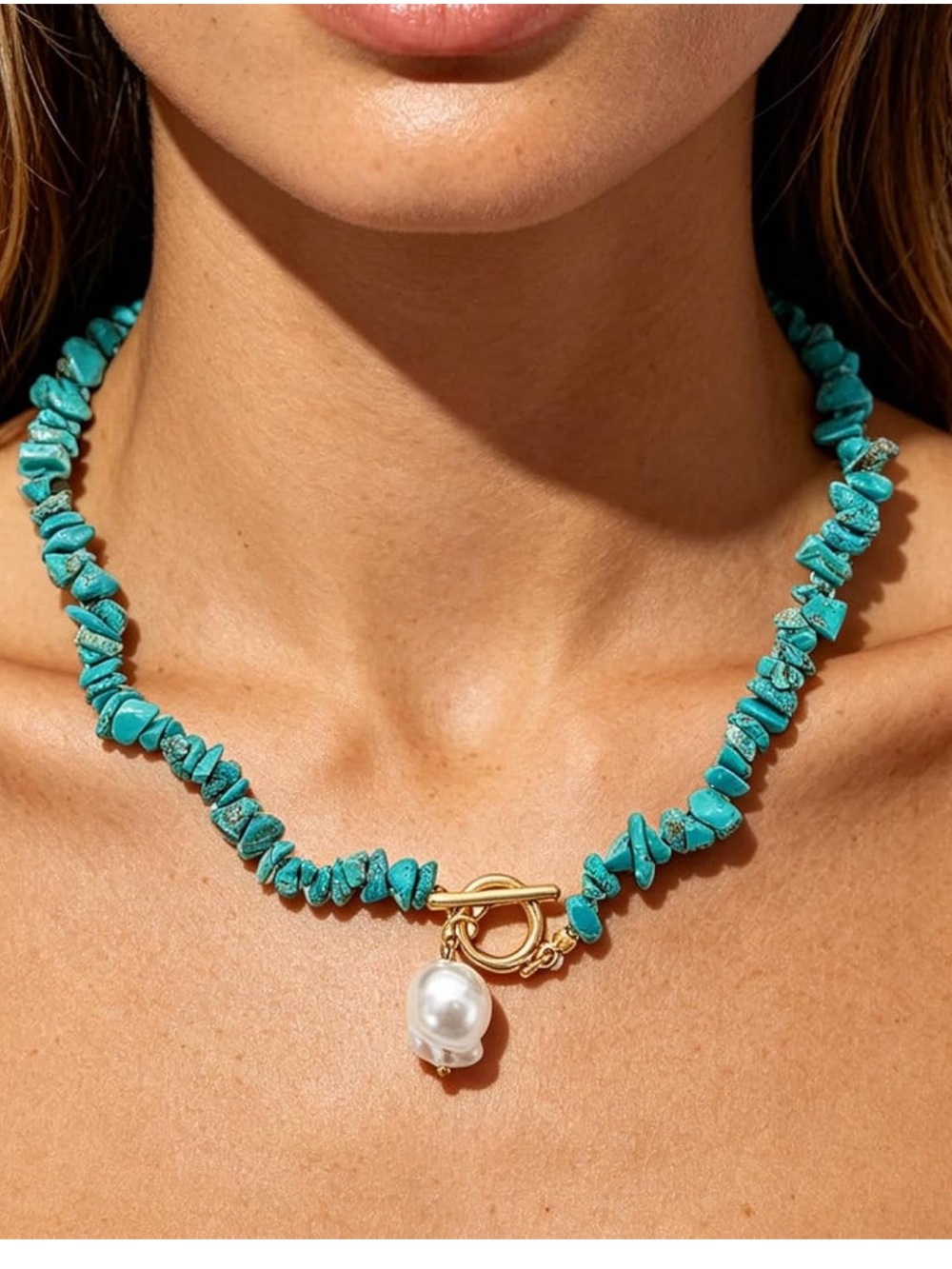 Turquoise Chip Necklace with Gold Toggle and Pearl Charm - Women Jewelry